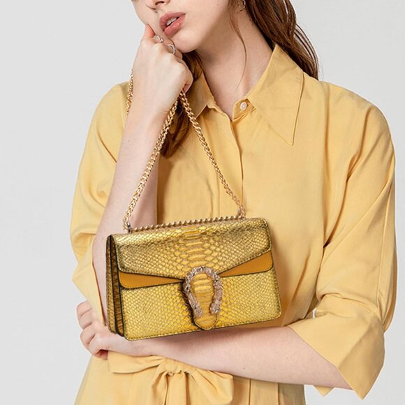 ⚡ Women's Yellow Snake Vegan Leather Print Casual Satchel Crossbody Handbag - Picture 3 of 7
